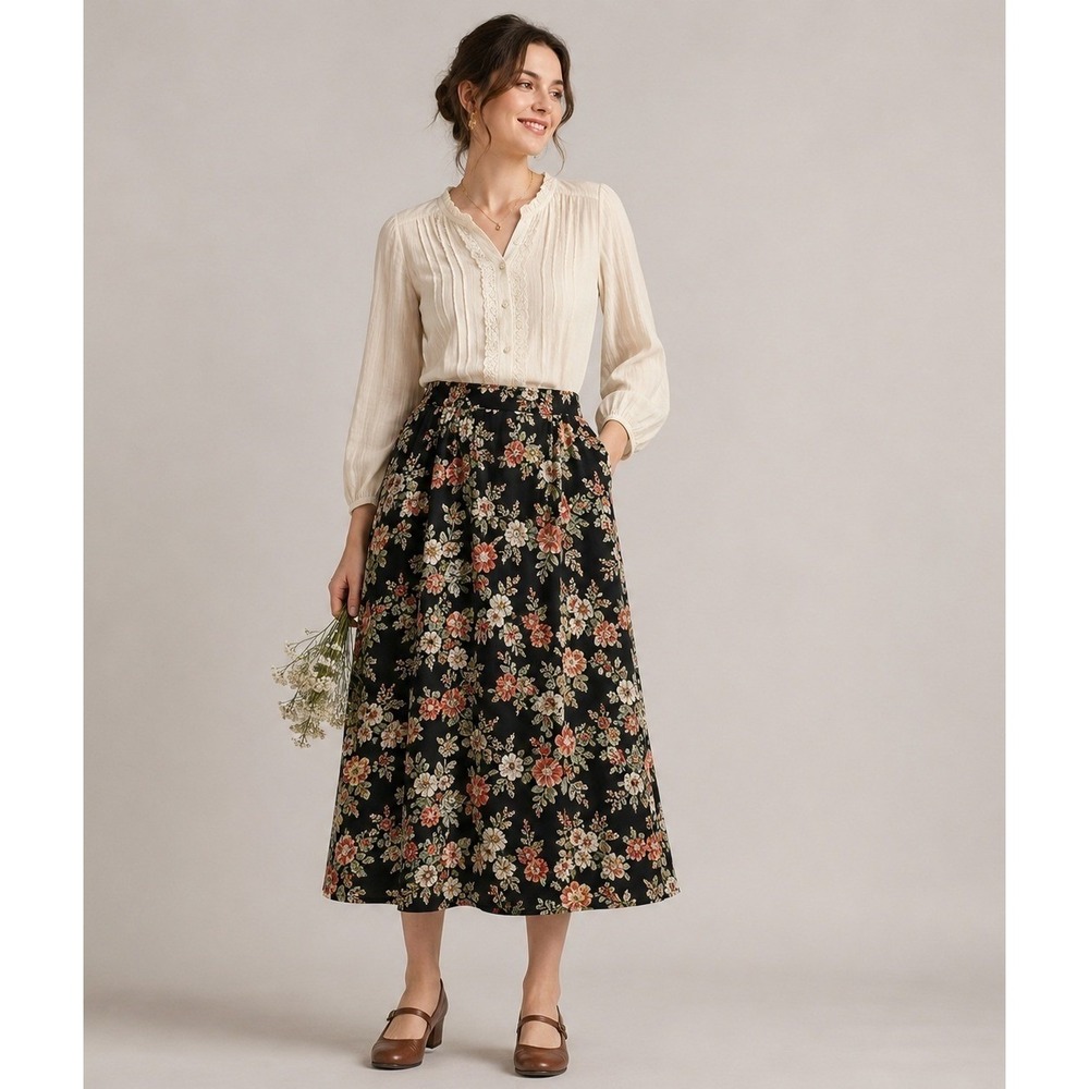 Vintage JONES NEW YORK Skirt Womens 10 Black Silk‎ Floral Print Side Zip Lined
